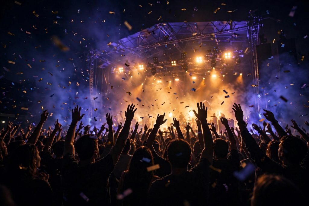 Concert crowd with golden stage lights
