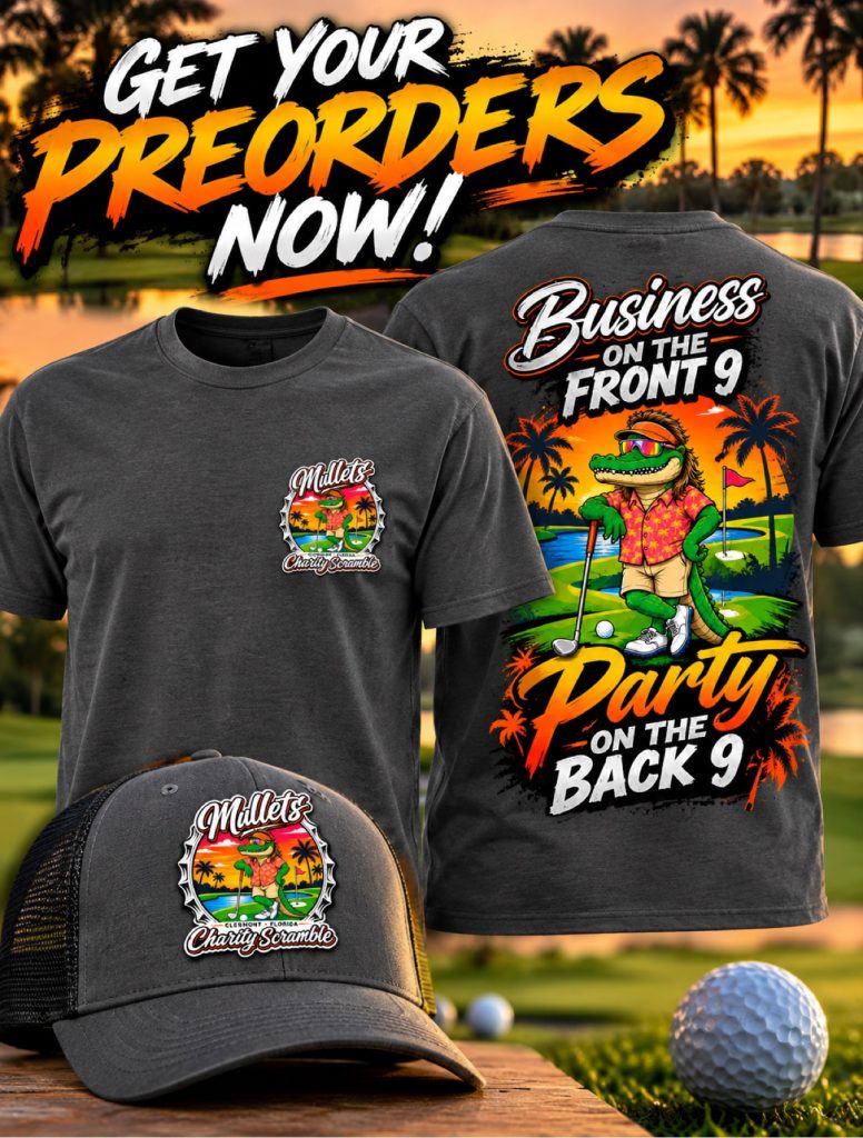 Mullets Charity Scramble preorder — dark gray tee with Business on the Front 9, Party on the Back 9 gator design and a matching trucker hat with the Charity Scramble logo